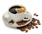 Coffee cup and coffee beans on white background
