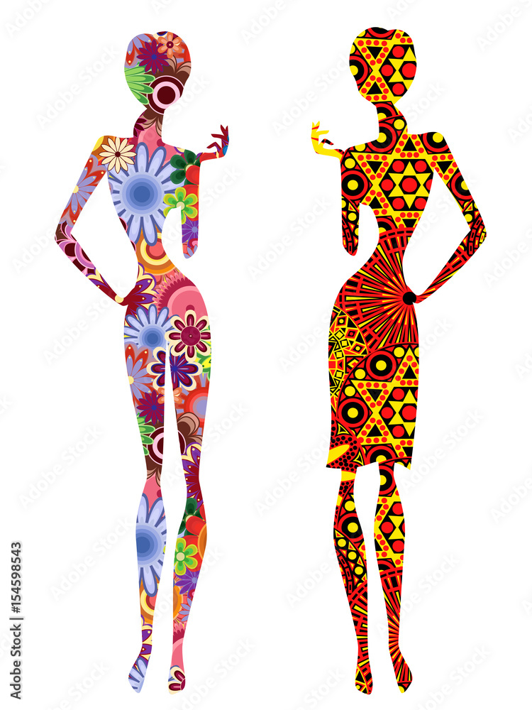 Two stylized slender ethnic women