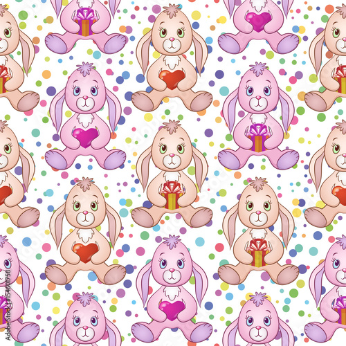 Fototapeta Naklejka Na Ścianę i Meble -  Seamless Holiday Background with Cartoon Rabbits, Bunnies with Valentine Hearts and Gift Boxes in Paws, Tile Pattern with Cute Characters and Colorful Confetti. Eps10, Contains Transparencies. Vector