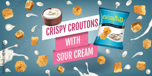 Vector realistic illustration of croutons with sour cream.
