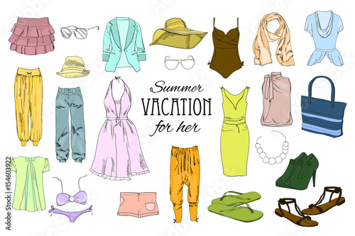Summer travel packing for vacation. Woman clothing set. Vector hand drawn isolated objects. Black and white fashion collection for girl.