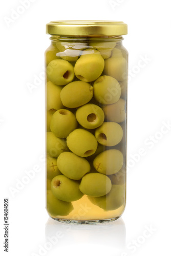 Front view of canned  green olives photo