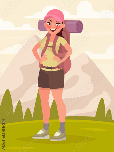 Hiking tourist woman with large backpack in the background of a mountain landscape