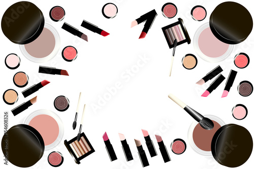 Set of cosmetics. Lipstick, blush, eye shadow and makeup brush. Copy space for text. Vector illustration. 
