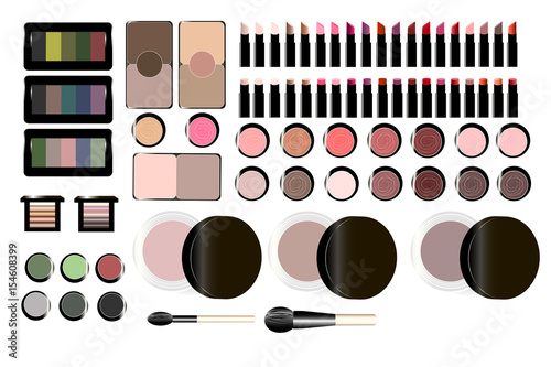 Set of cosmetics. Lipstick, blush, eye shadow and makeup brush. Vector illustration.