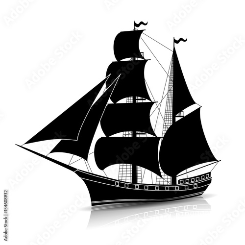 silhouette vintage sailing ship with reflection