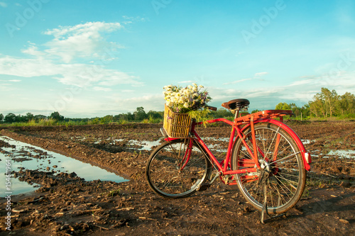 Beautiful landscape with red classic bicycle