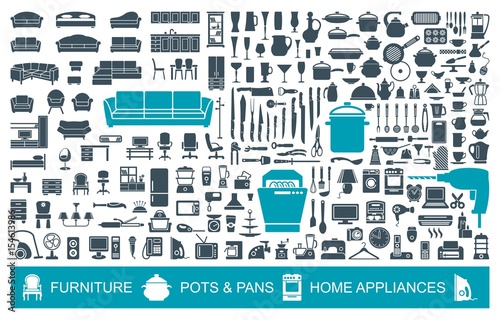 Big set of quality icons household items. Furniture, kitchenware, appliances. Home symbols