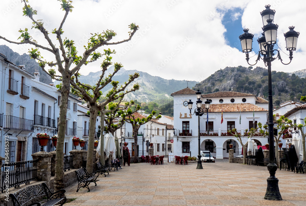 Grazalema Cityscape in Spain. White village in Cadiz, Andalusia. Sunshine tourism in summer.