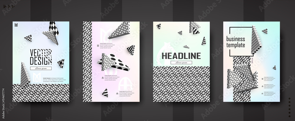 3d vector background. Flying isometric black and white figures on pastel background with contrasting texture. Template A4 for design posters, banners, flyers, covers, placards, magazines, books, web.