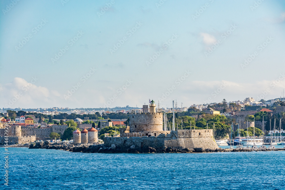 Agios Nikolaos Fortress (Fort of Saint Nicholas) and mills at Rhodes old town, Rhodes island, Greece