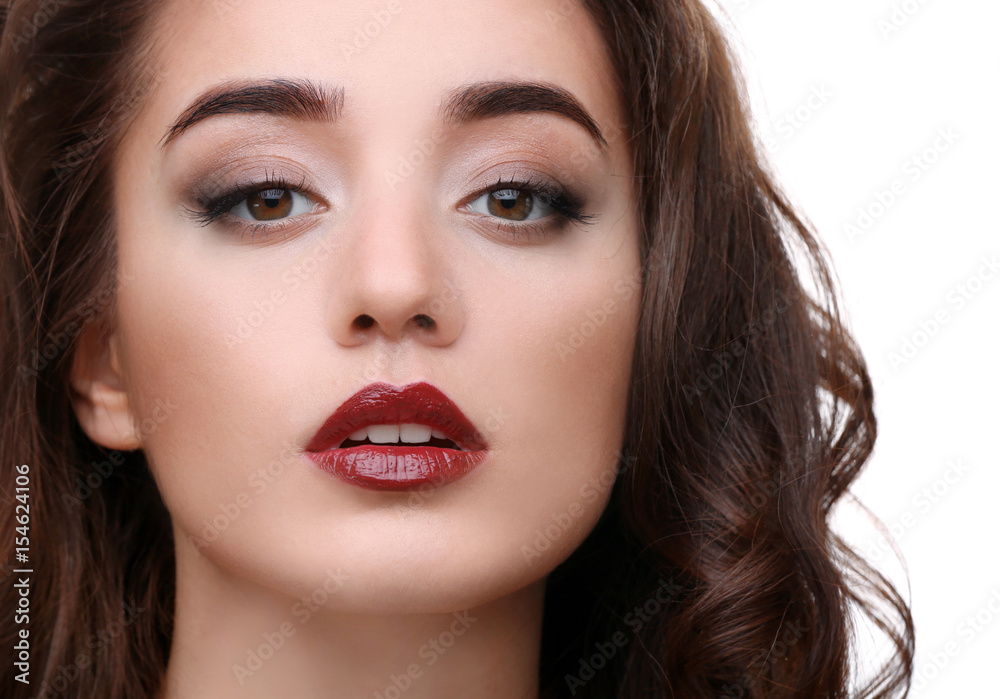 Portrait of beautiful woman with red lips isolated on white Portrait of beautiful woman with red lips isolated on white