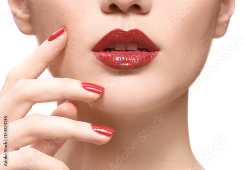 Woman with red lips isolated on white