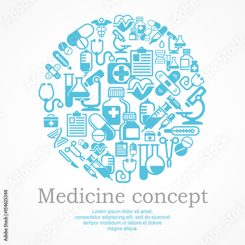 Medical icons blue background, medicine symbols in circle