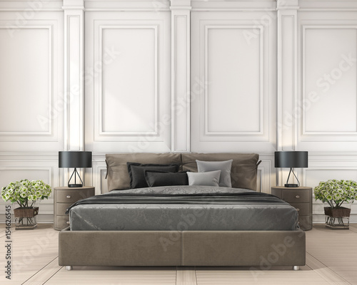 3d rendering brown classic bed in classic bedroom with plant