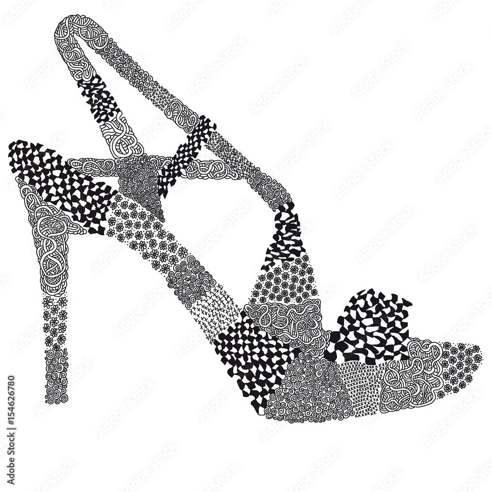 Ein Schuh, Sandale, Sandalette, High Heels in Silhouette Form mit Muster,  Textur gefüllt in schwarz Stock Illustration | Adobe Stock
