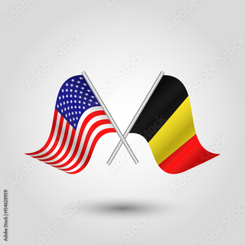 vector two crossed american and belgian flags on silver sticks - symbol of united states of america and belgium