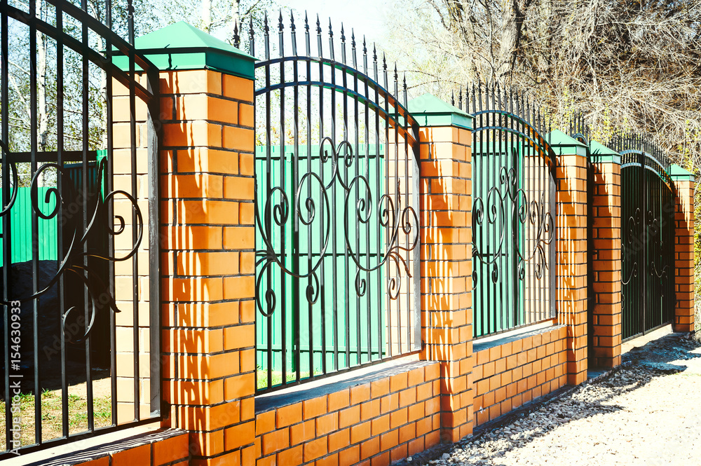 Brick and Metal Fence with Door and Gate of Modern Style Design Metal