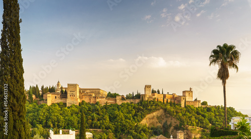 Landscape of Alhambra of Granada, Spain, during the sunset with a palm from Albaycin photo