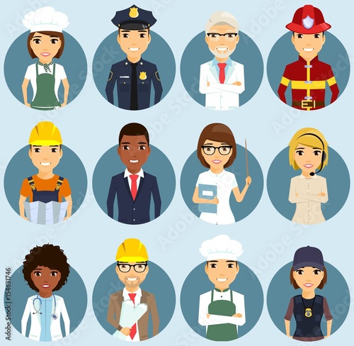 Set of icons depicting professions. Different ethnically. Professionals in their field. Smile. In flat style. photo