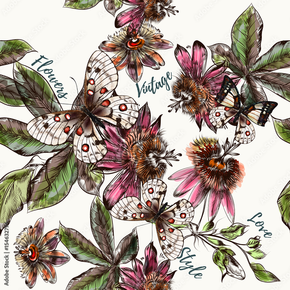 Naklejka Piękny botaniczny wzór z ahnd rysowane vintage kwiaty