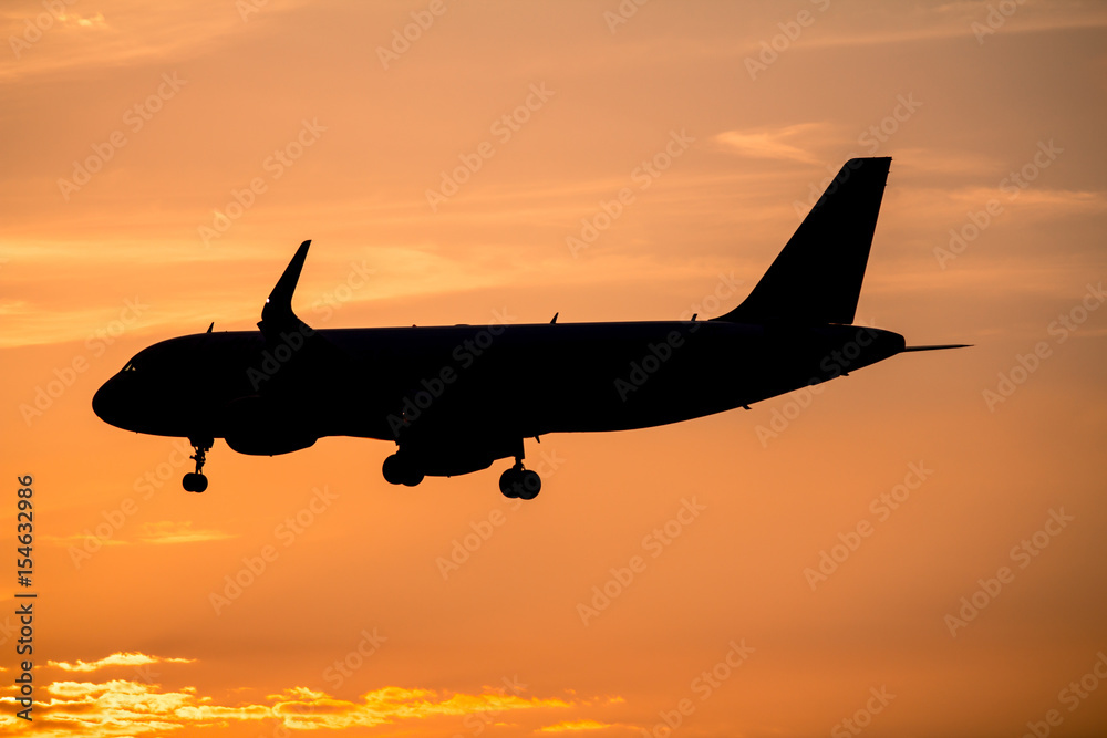 Airplane landing at sunset