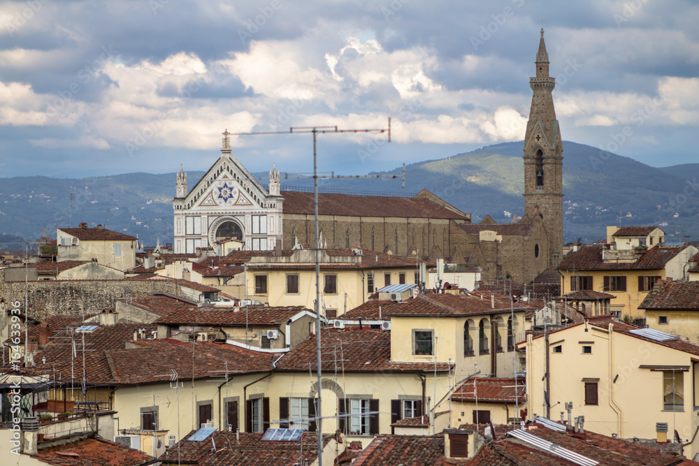 View to the Santa Croce Basilica and cityscape of Florence, Italy