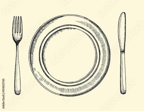 Knife plate and fork. Cutlery vector retro illustration of a hand drawing