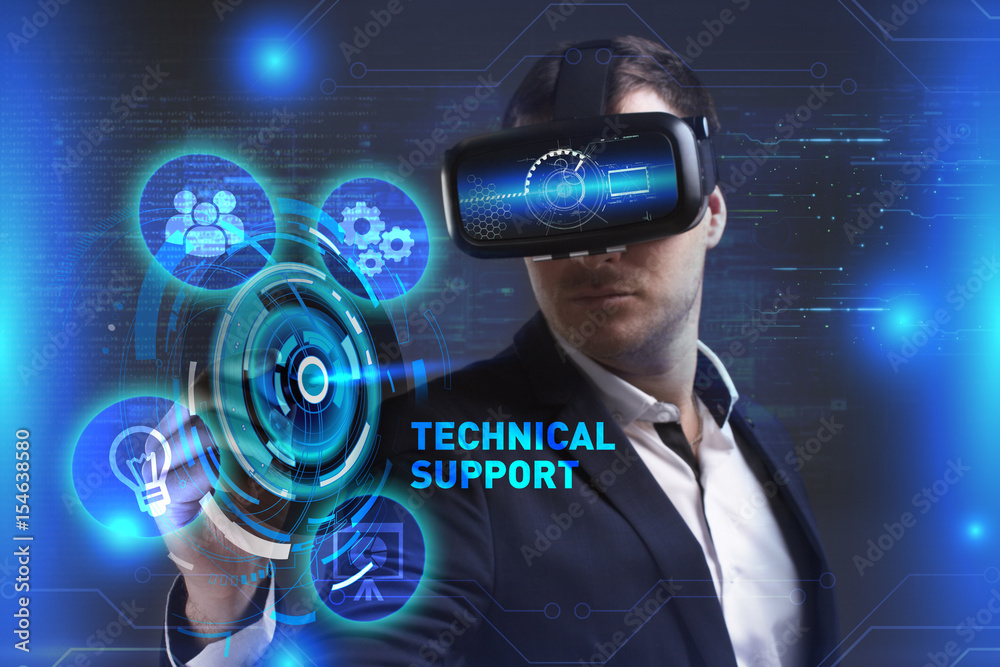 Business, Technology, Internet and network concept. Young businessman working in virtual reality glasses sees the inscription: Technical support Business, Technology, Internet and network concept. Young businessman working in virtual reality glasses sees the inscription: Technical support