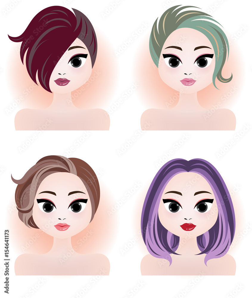 various young women long & short hair style icon, logo women face. various young women long & short hair style icon, logo women face.