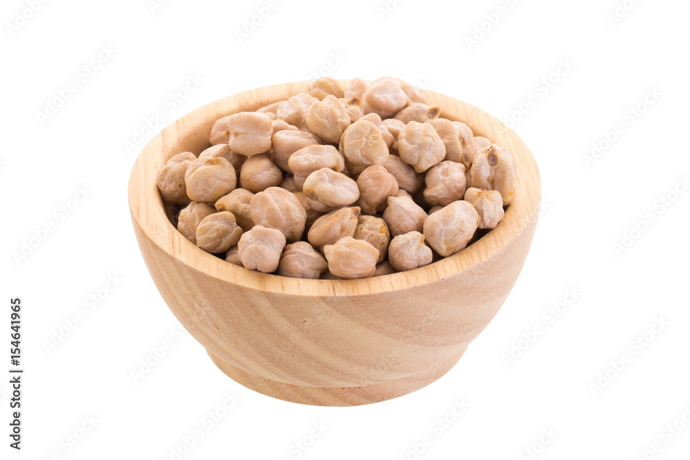 Garbenzo beans on a wooden bowl isolated on a white background Garbenzo beans on a wooden bowl isolated on a white background