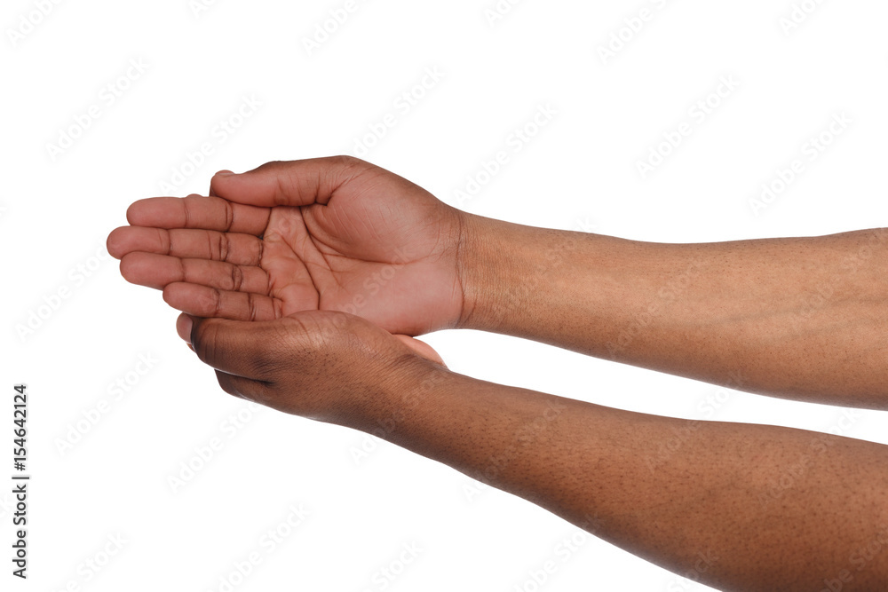 Black male hands keeping in cupped shape, cutout Black male hands keeping in cupped shape, cutout