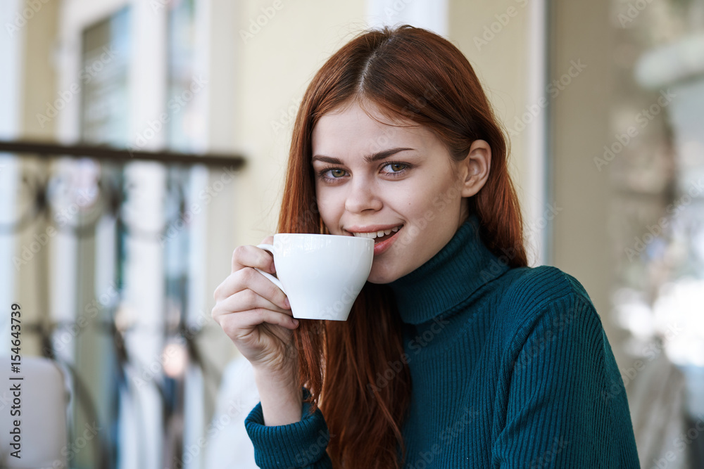 woman, mug, balcony, breakfast woman, mug, balcony, breakfast