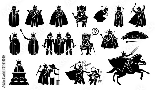 King Characters in Pictogram Set. Artworks depicts a medieval king in different poses, emotions, feelings, and actions. The emperor is wearing a crown or throne and is a great ruler.