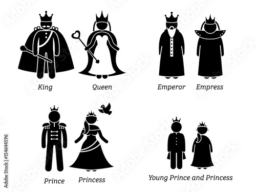 Royal Family. Pictogram set depicts the cartoon characters of the king, queen, emperor, empress, prince, princess, and the royal children.