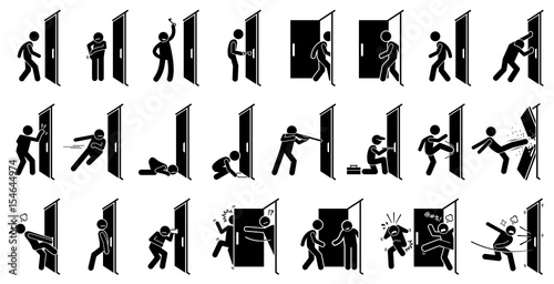 Man and Door Pictogram. Cliparts depict various actions of a man with a door.  photo