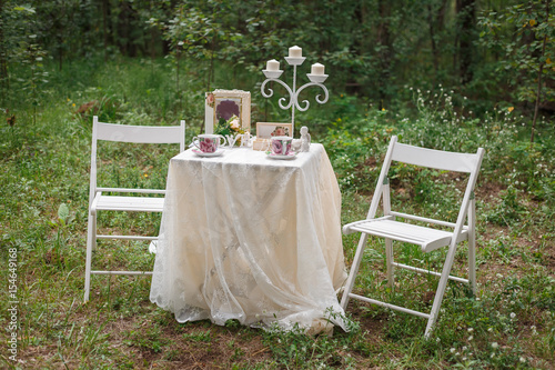 Wedding Decoration. beautiful table for a romantic date in the woods or offer of marriage