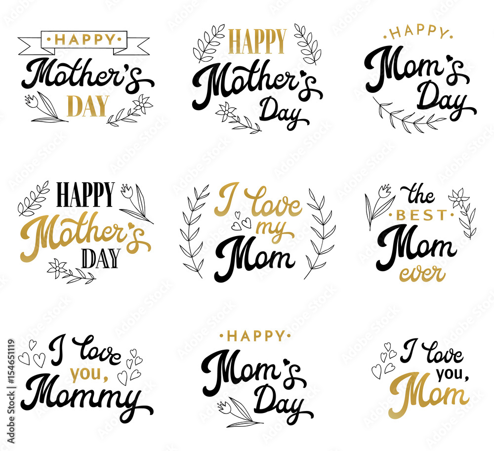 Mothers Day Hand Lettering Calligraphic Inscriptions Set with Hand-drawn Elements. Gold and Black Emblems and Badges Collection Isolated on White. Font Vector Illustration.