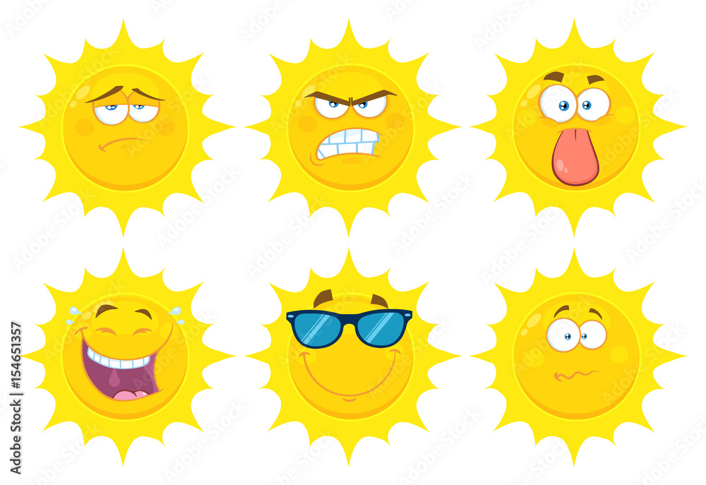 Funny Yellow Sun Cartoon Emoji Face Series Character Set 2. Flat Design Collection Isolated On White