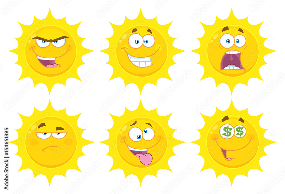 Funny Yellow Sun Cartoon Emoji Face Series Character Set 3. Flat Design Collection Isolated On White