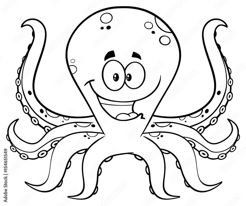 Black And White Happy Octopus Cartoon Mascot Character. Illustration ...