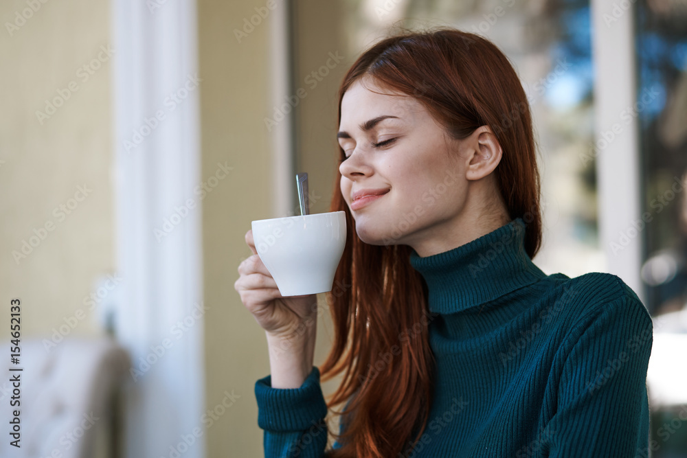 woman with morning cup of coffee, fragrance, breakfast woman with morning cup of coffee, fragrance, breakfast