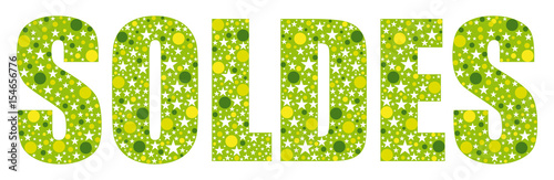 Soldes. Mot écrit en lettre colorées. Bannière verte. Flat design.