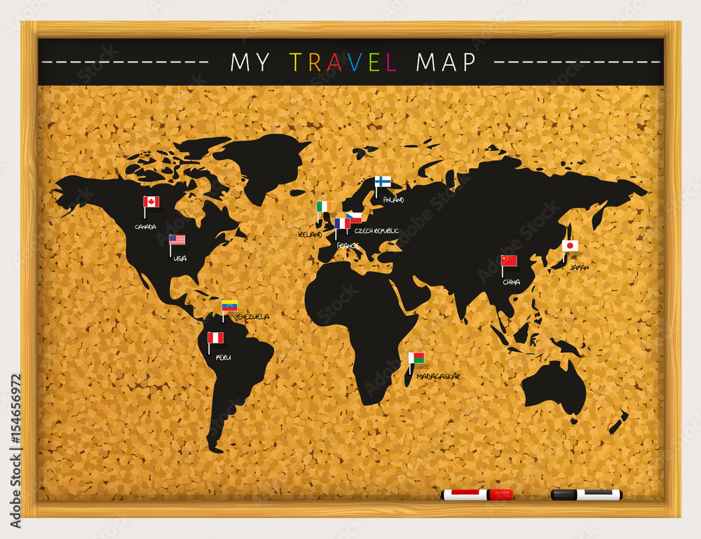 Travel map with flags map pointers and marker pens on cork board. Vector.  Stock Vector