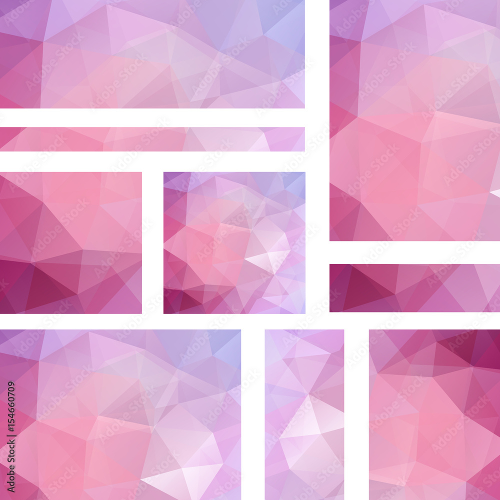 Set with polygonal triangles. Vector illustration. Abstract background. Pink color.