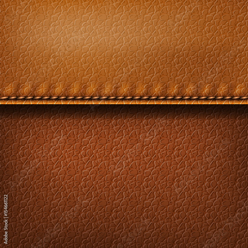 Realistic leather texture with a seam. Brown leather background with stitching. Vector illustration