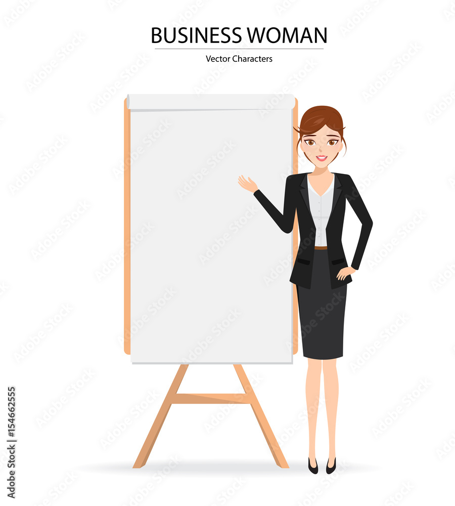 Business woman presenting pose with a whiteboard. Illustration vector of people design. Business woman presenting pose with a whiteboard. Illustration vector of people design.