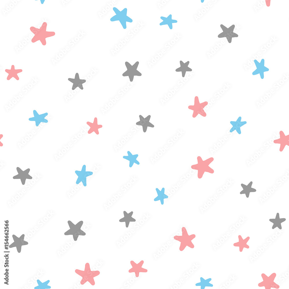 Seamless pattern with pink, blue, dark gray stars isolated on white background. Drawn by hand. Seamless pattern with pink, blue, dark gray stars isolated on white background. Drawn by hand.
