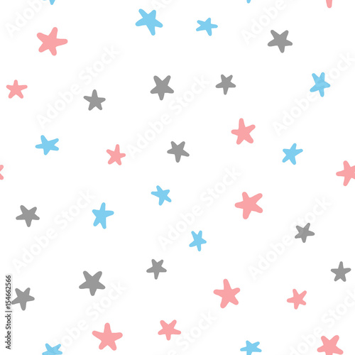 Seamless pattern with pink  blue  dark gray stars isolated on white background. Drawn by hand.