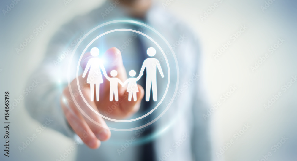 Businessman touching family interface with his finger 3D rendering Businessman touching family interface with his finger 3D rendering